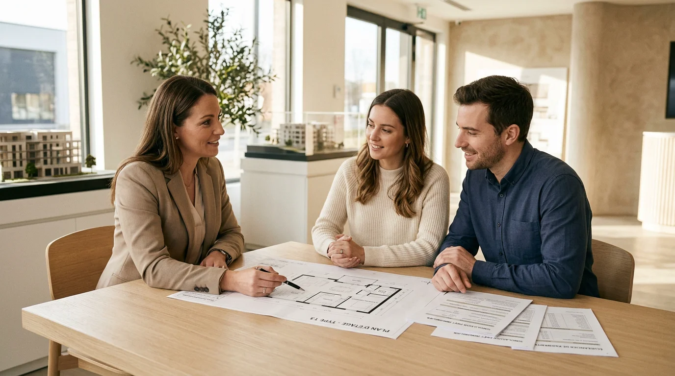 Conseiller immobilier présentant un plan de financement à un couple
