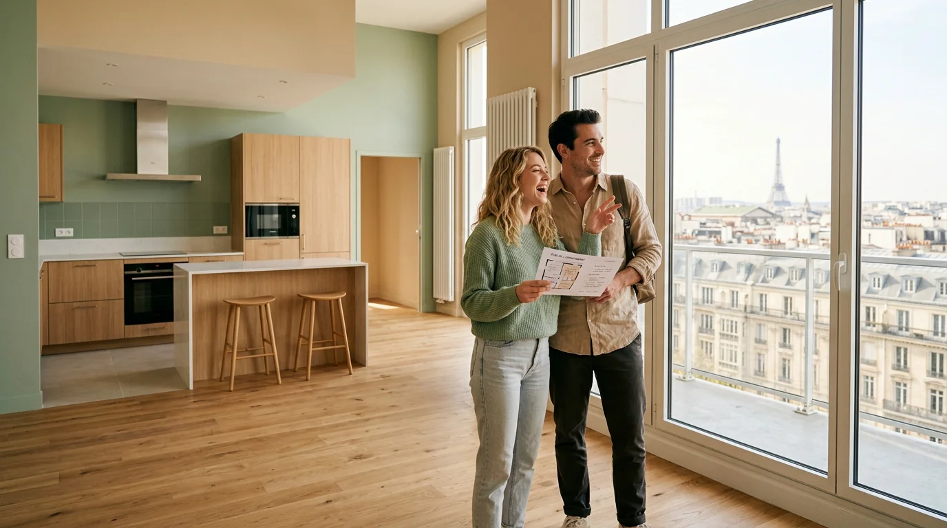 Couple visitant un appartement neuf lumineux en région parisienne
