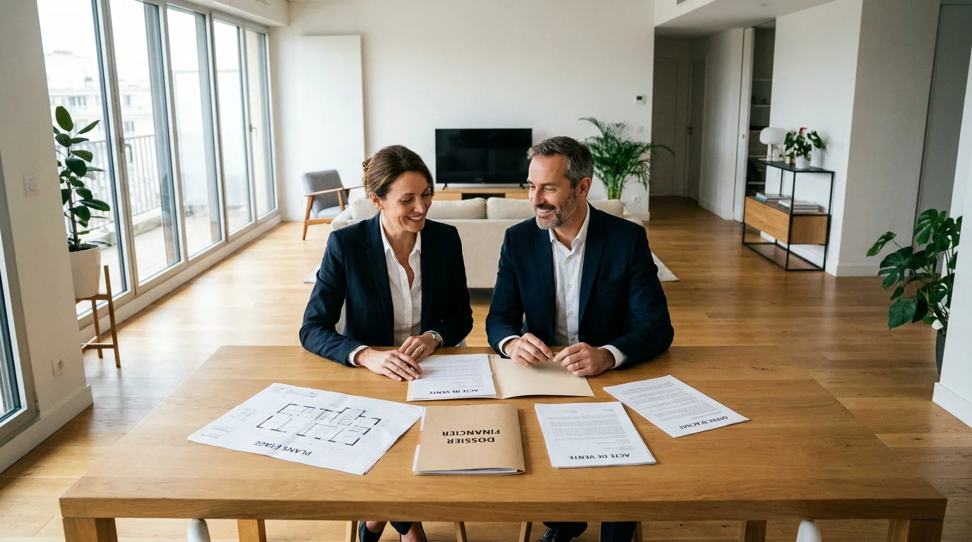 Couple consultant des documents financiers pour l'achat d'un appartement neuf