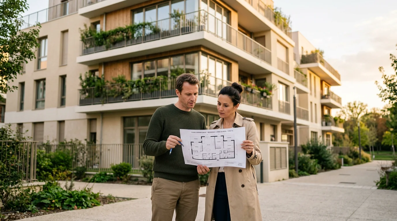 Couple examinant les plans d'un appartement neuf devant un immeuble résidentiel francilien