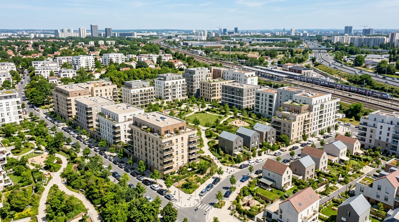 Vue aérienne d'un quartier résidentiel neuf en Île-de-France
