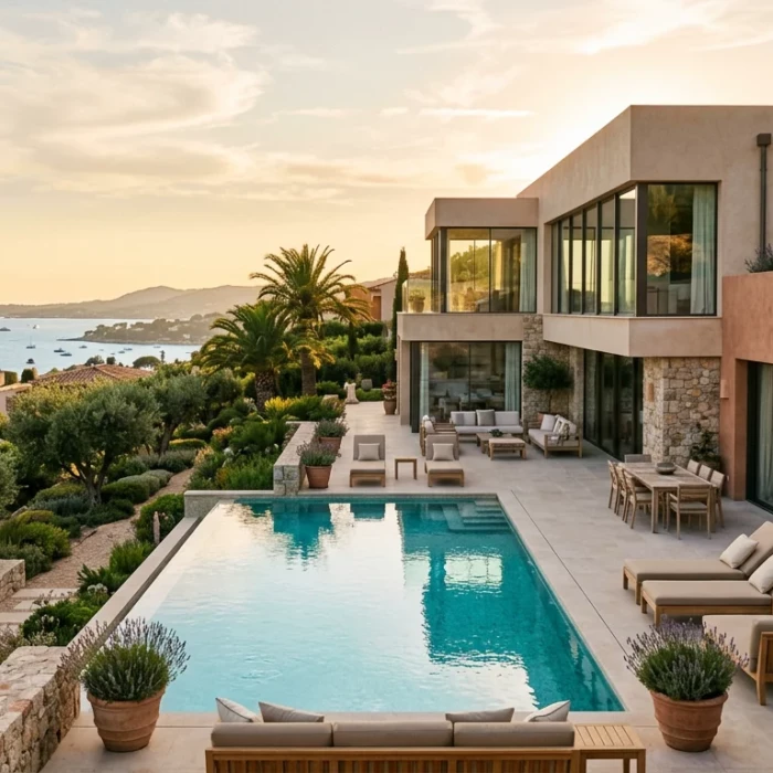 Villa méditerranéenne moderne achevée sur la Côte d'Azur au coucher du soleil
