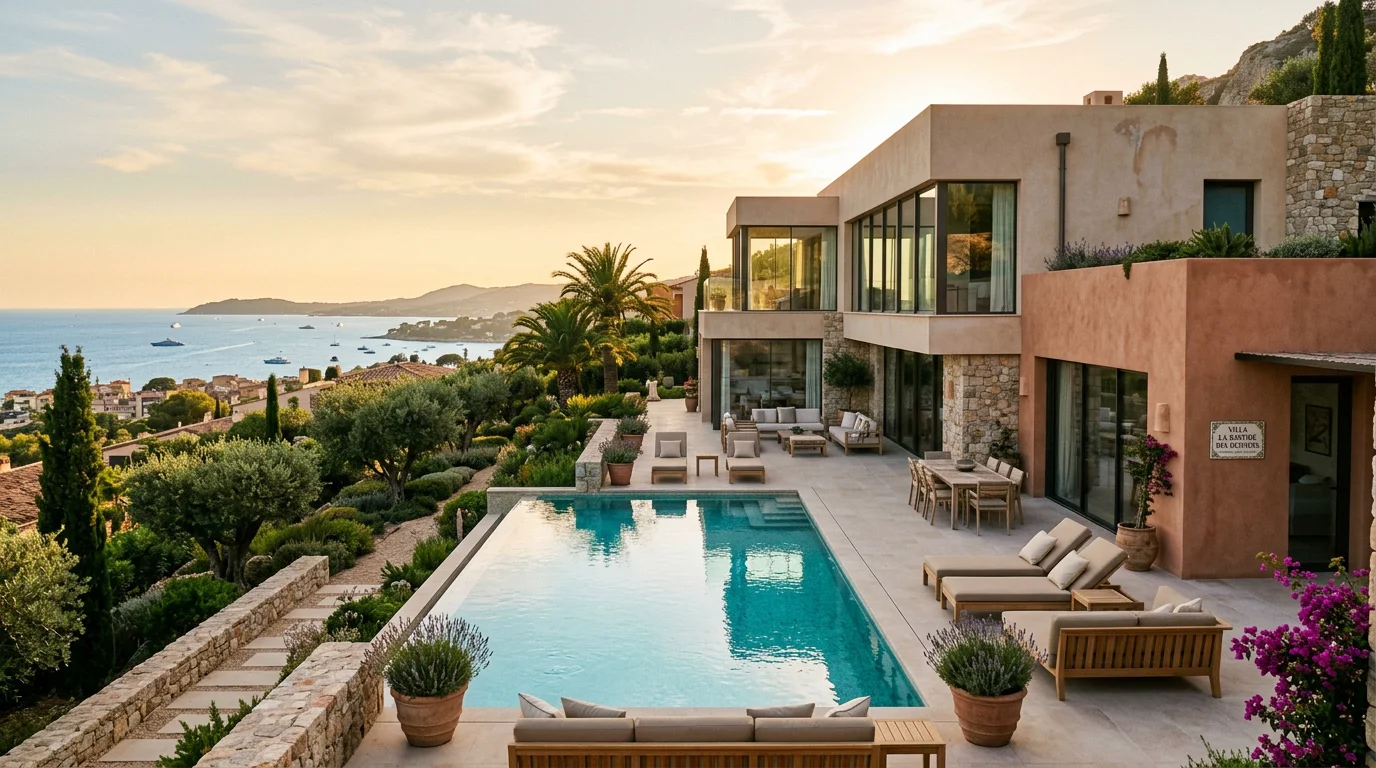 Villa méditerranéenne moderne achevée sur la Côte d'Azur au coucher du soleil