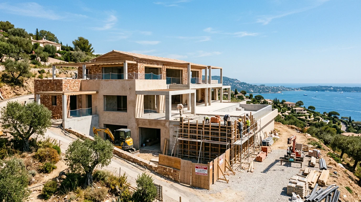 Villa méditerranéenne moderne en construction sur une colline des Alpes-Maritimes