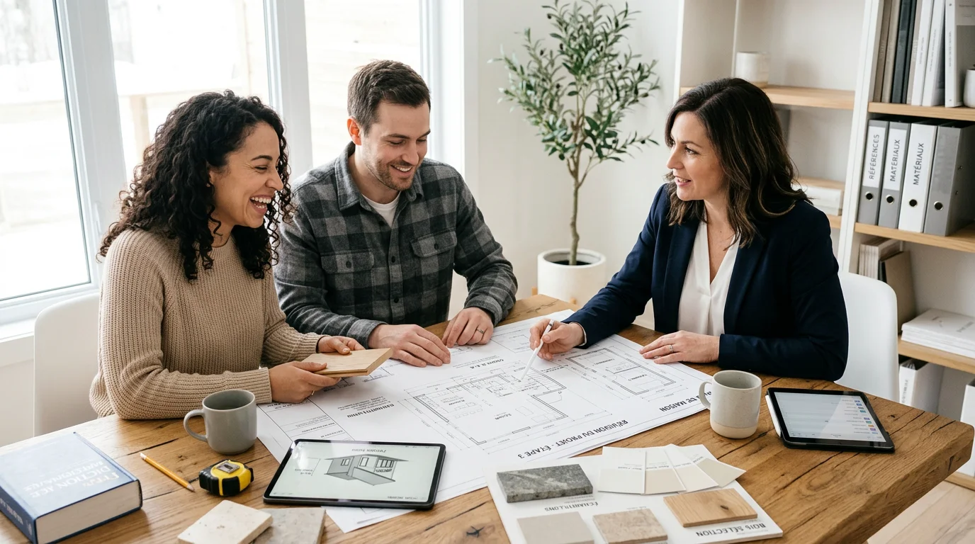 Couple consultant les plans de construction de leur future maison avec un conseiller