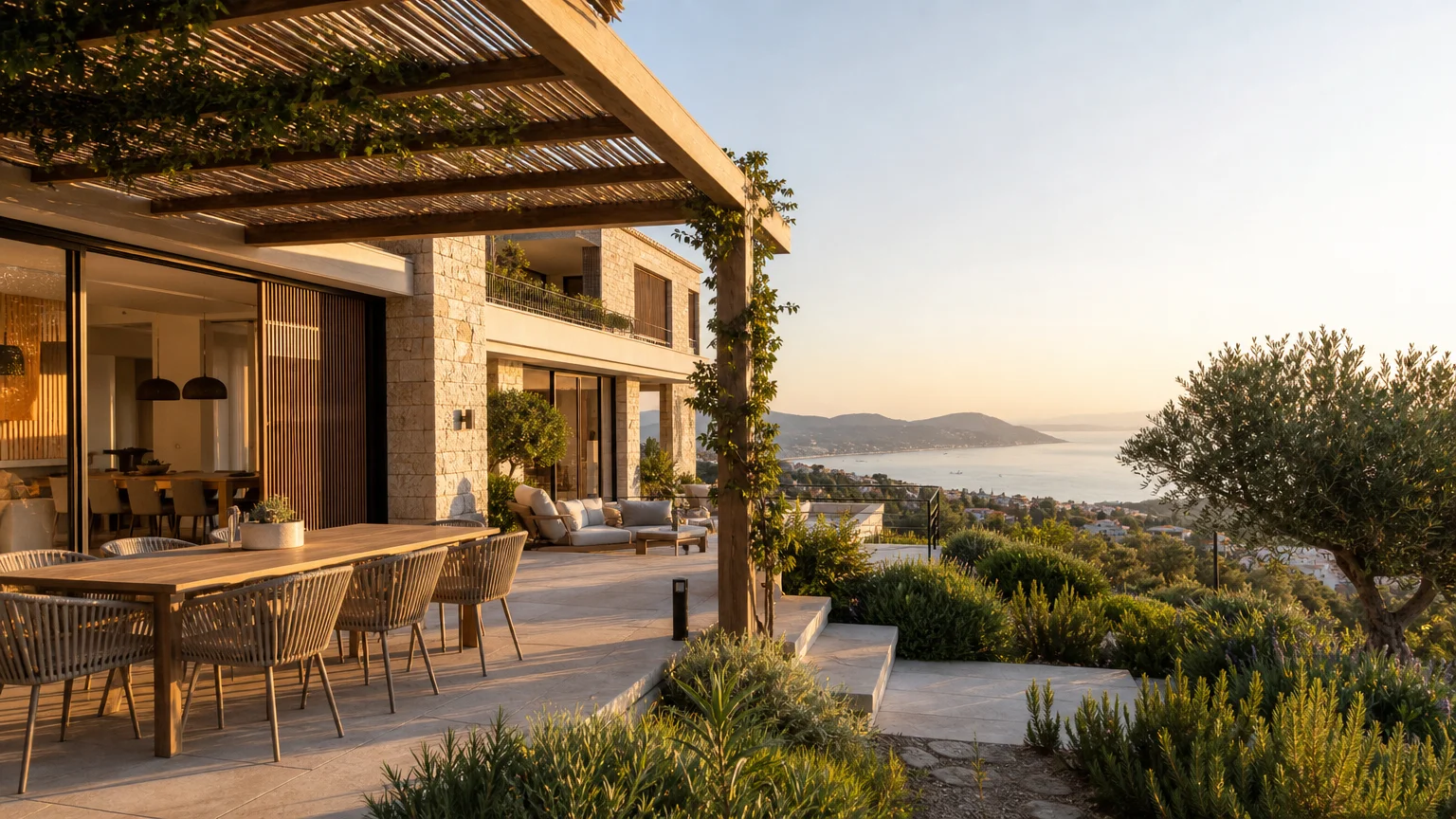 Maison contemporaine avec terrasse ombragée dans un environnement méditerranéen près de Cannes