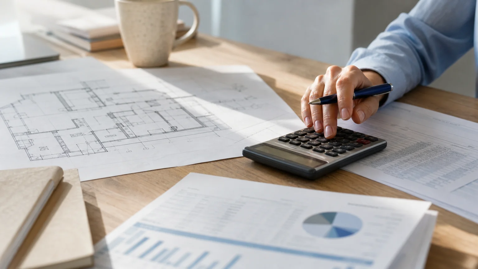 Analyse d’un plan d’appartement neuf avec calculatrice et documents financiers.