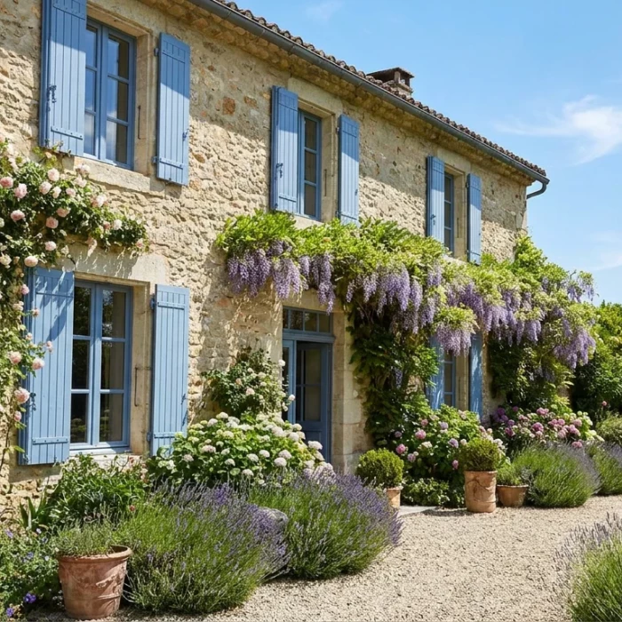 Maison de campagne française accessible avec jardin fleuri