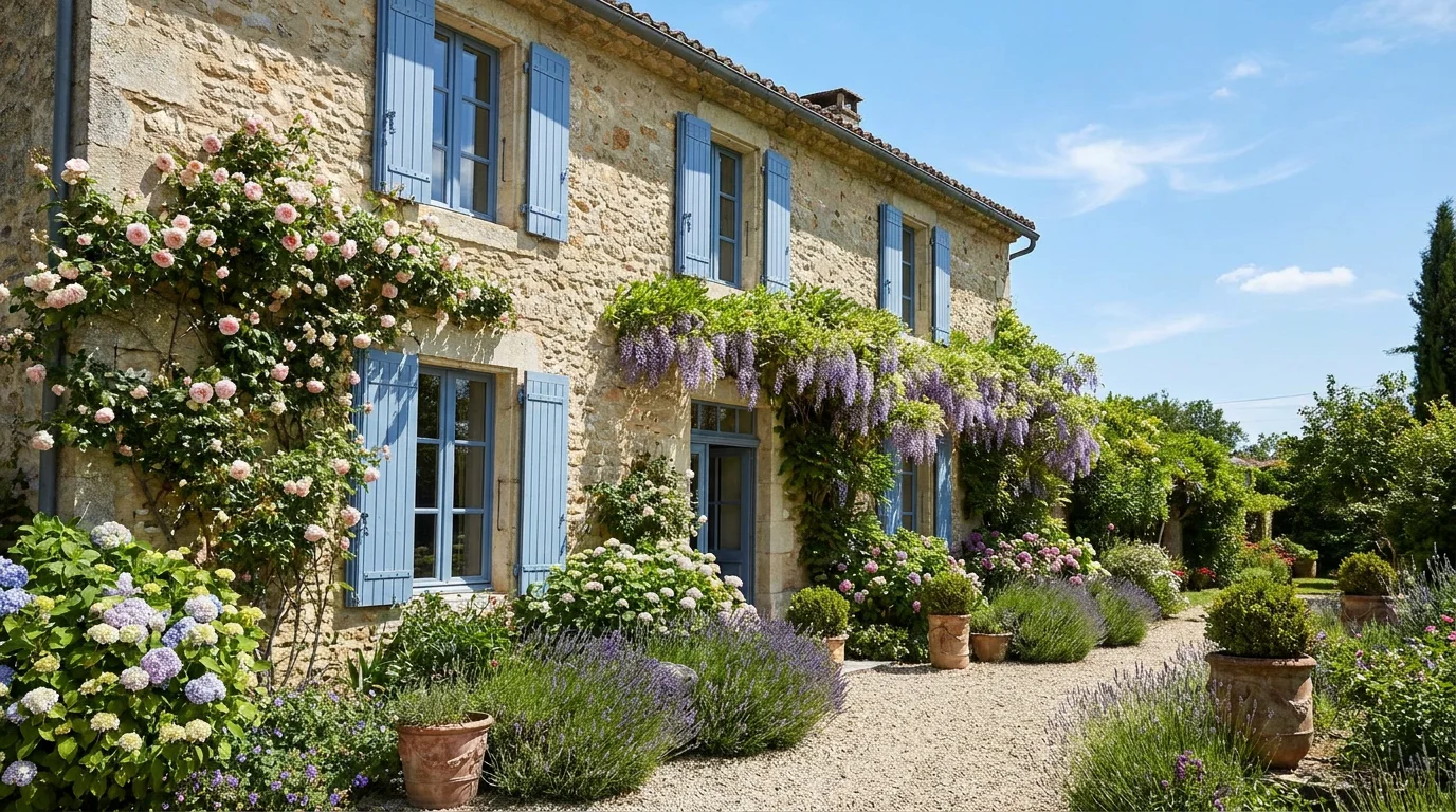 Maison de campagne française accessible avec jardin fleuri