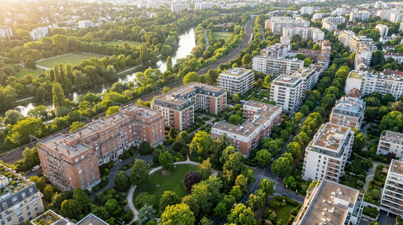 Vue aérienne d'une commune résidentielle des Yvelines avec immeubles et espaces verts