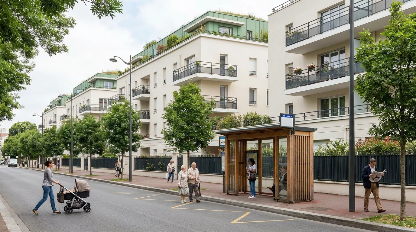 Rue résidentielle arborée de Bois-d'Arcy avec immeubles modernes et transports