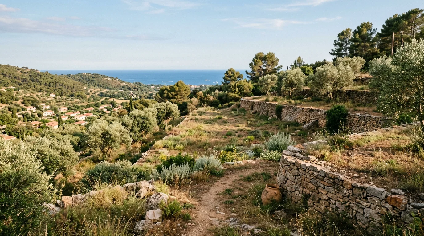 Terrain en restanques avec oliviers et aperçu mer sur les hauteurs de Vallauris