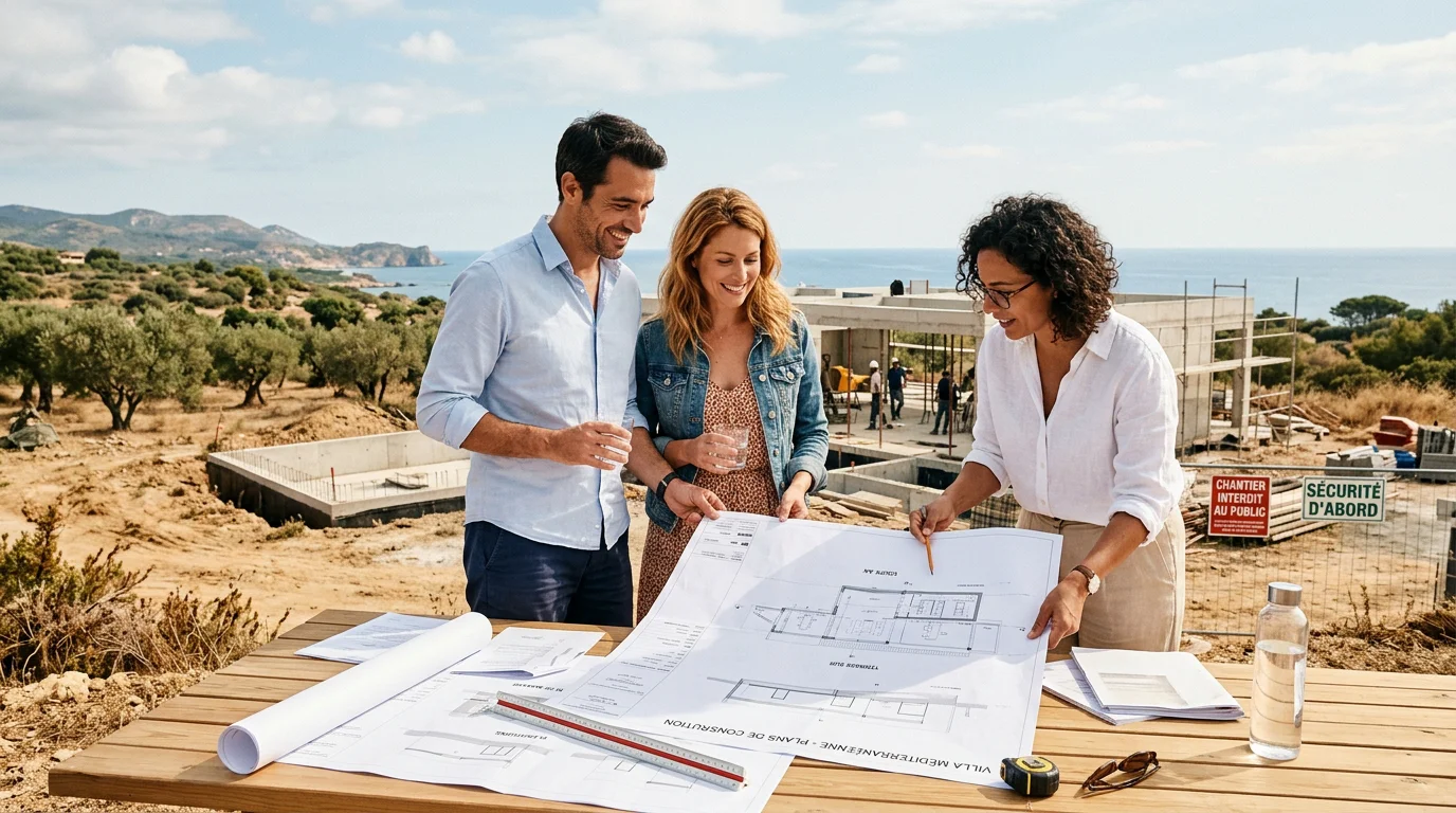Couple et architecte étudiant des plans de construction sur un terrain à Vallauris