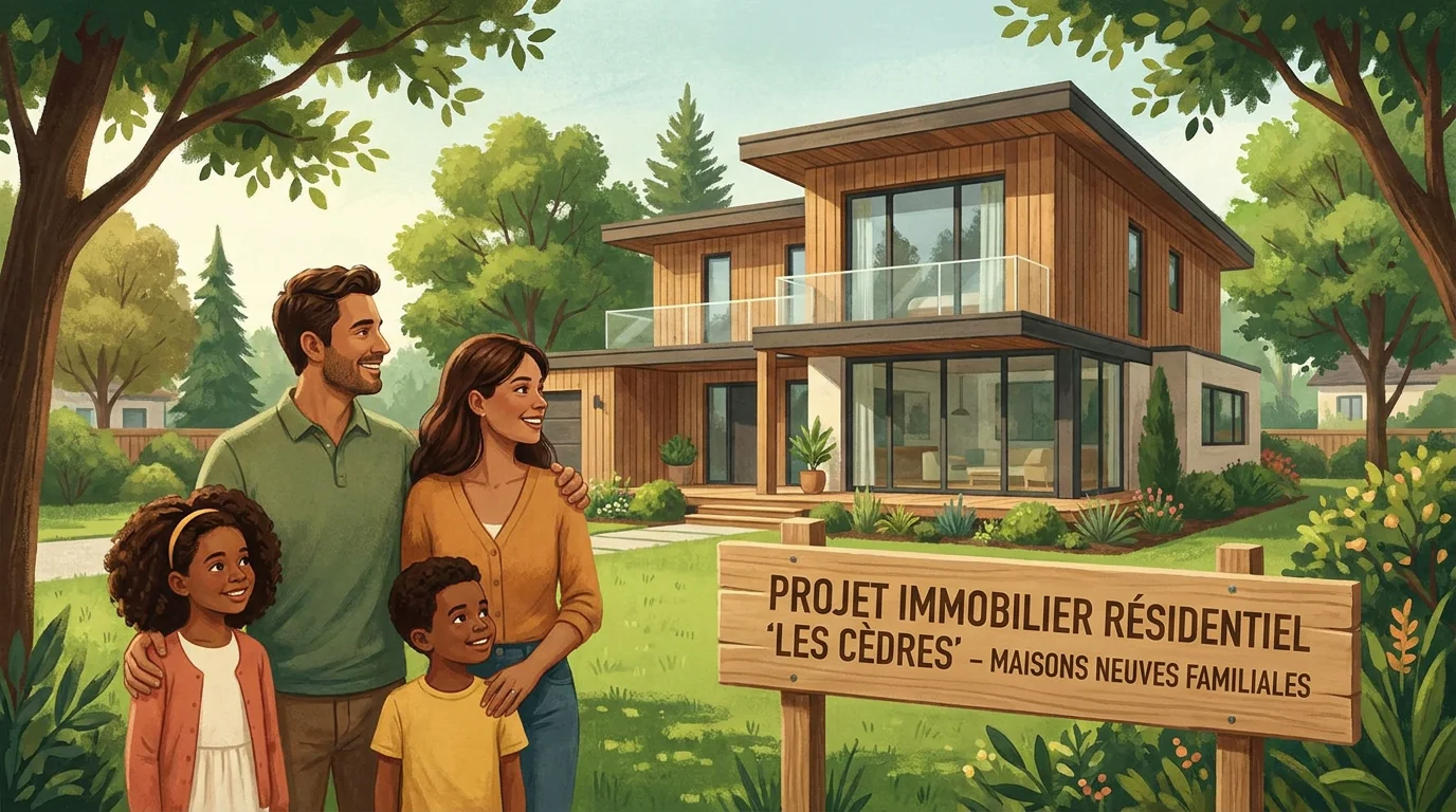 Famille devant une maison neuve en programme immobilier en Île-de-France