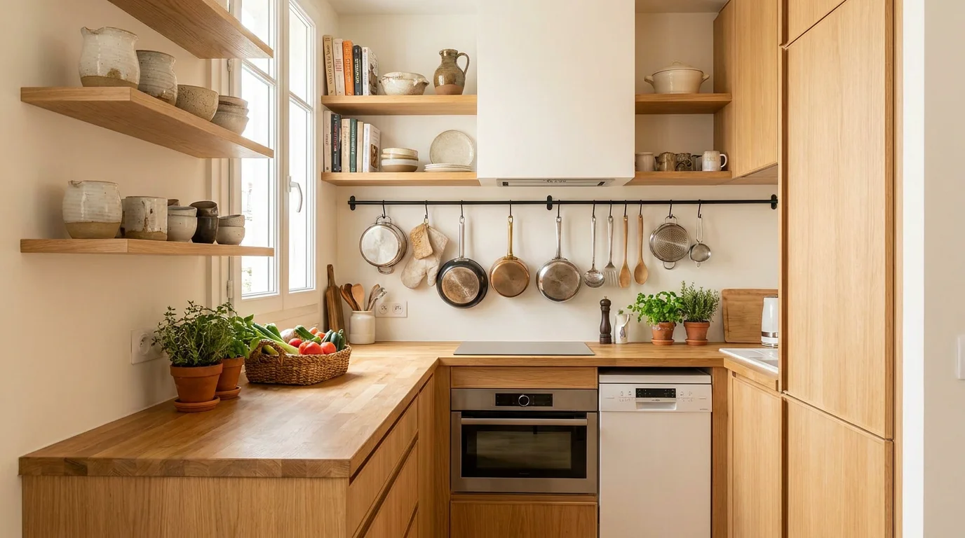 Cuisine compacte et fonctionnelle d'un appartement meublé pour la location