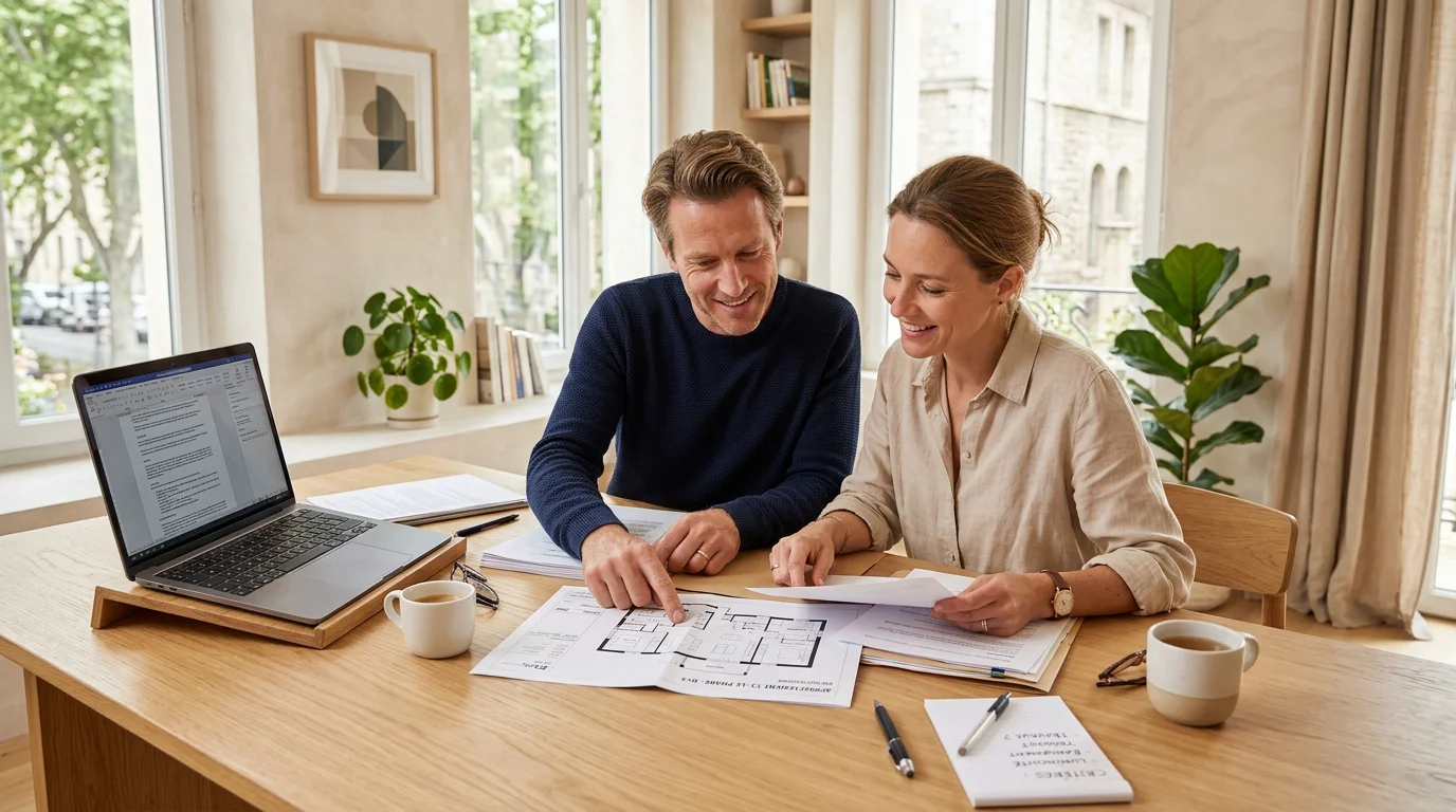Couple étudiant le financement d'un achat immobilier neuf