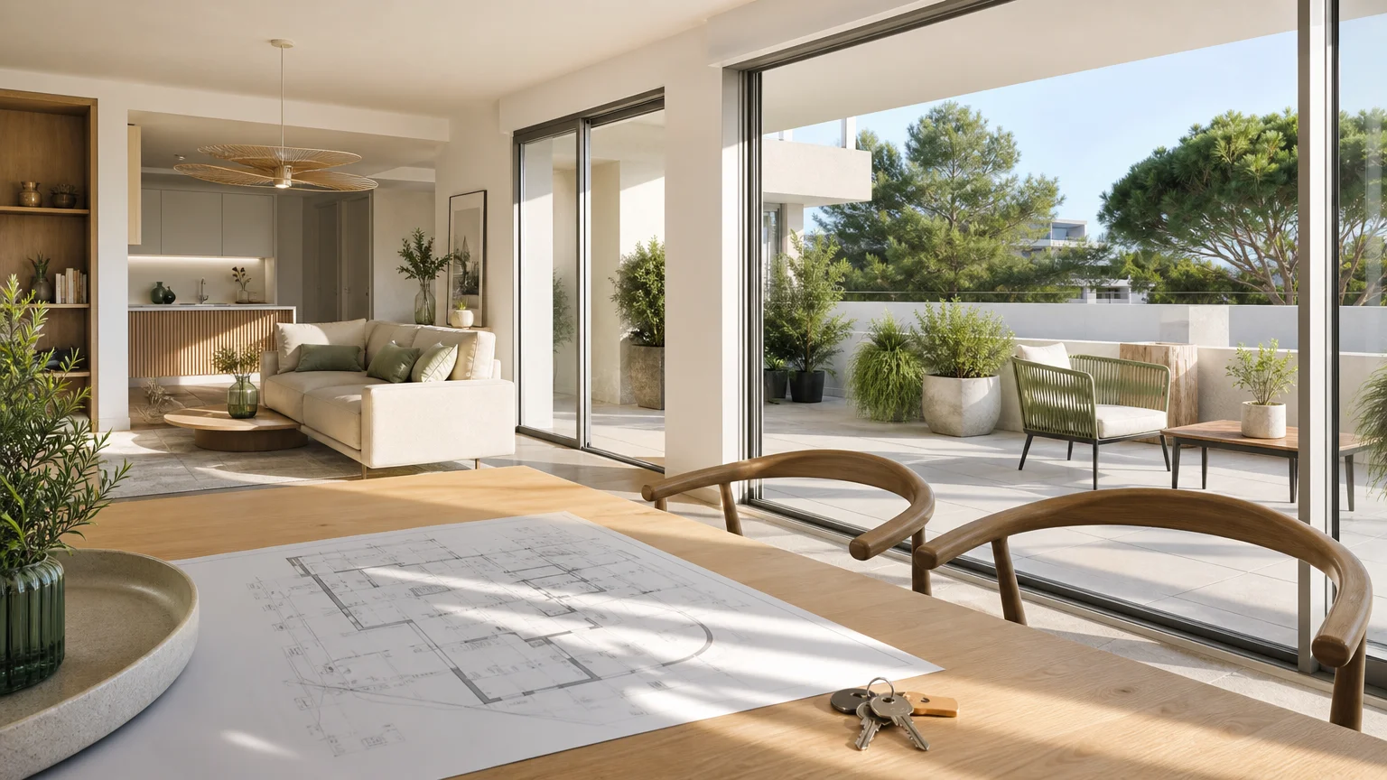 Appartement neuf lumineux avec terrasse et plan architectural posé sur une table.