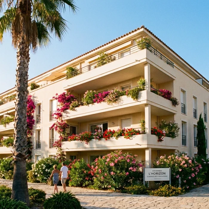 Façade d'un immeuble résidentiel neuf sur la Côte d'Azur avec balcons et palmiers