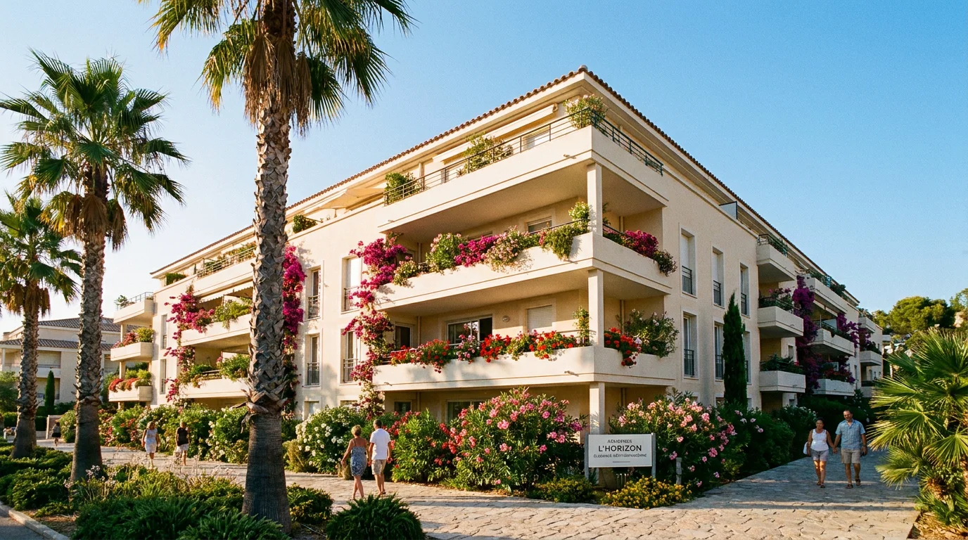 Façade d'un immeuble résidentiel neuf sur la Côte d'Azur avec balcons et palmiers