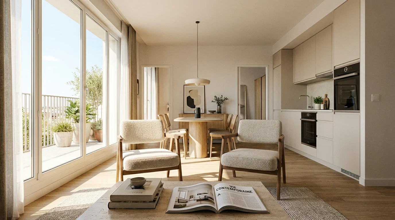 Intérieur lumineux d'un studio neuf avec cuisine ouverte et balcon