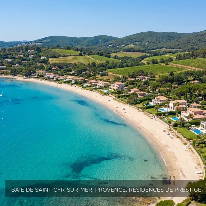 Vue aérienne de la baie de Saint-Cyr-sur-Mer avec plage et résidences côtières