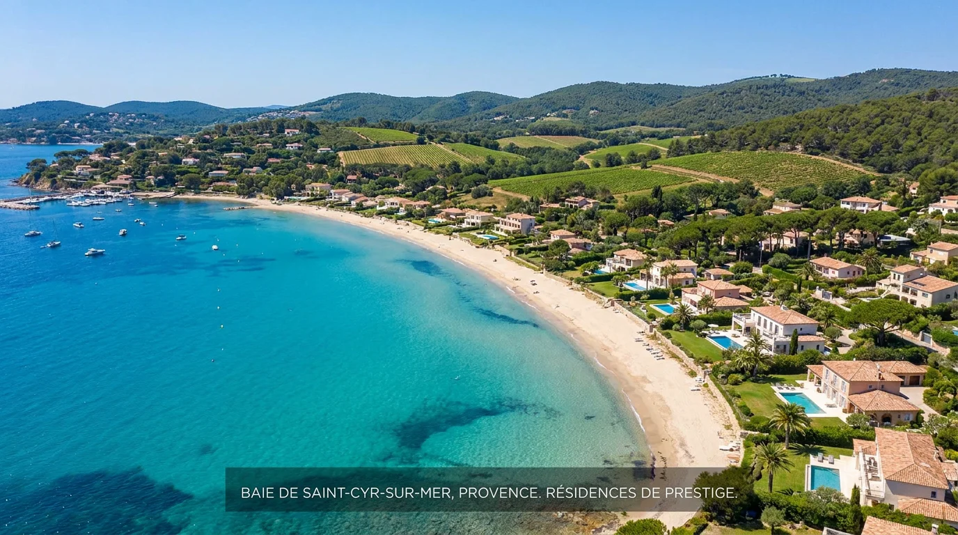 Vue aérienne de la baie de Saint-Cyr-sur-Mer avec plage et résidences côtières
