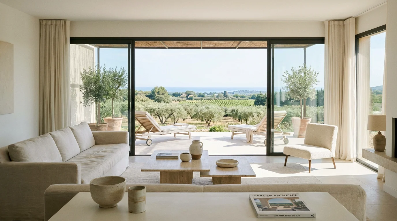 Intérieur lumineux d'un appartement neuf avec terrasse et vue méditerranéenne à Saint-Cyr-sur-Mer