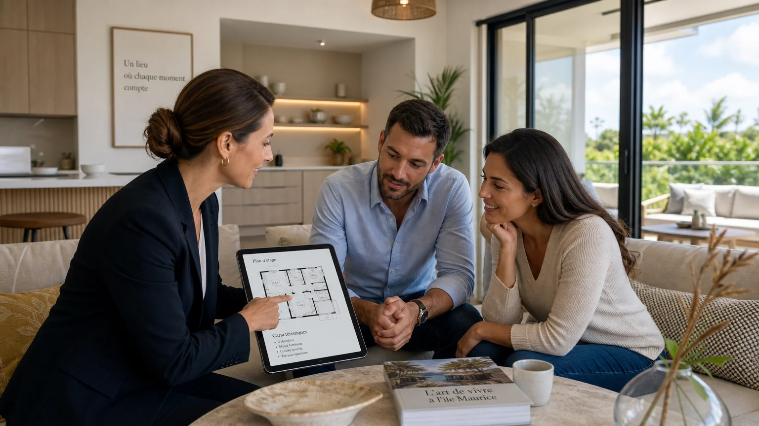 Conseiller immobilier présentant les plans d'un programme neuf à un couple