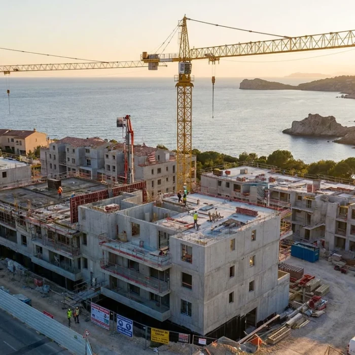 Vue aérienne d'un chantier de construction d'immeubles neufs sur la Côte d'Azur