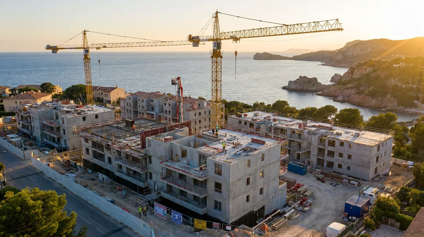 Vue aérienne d'un chantier de construction d'immeubles neufs sur la Côte d'Azur
