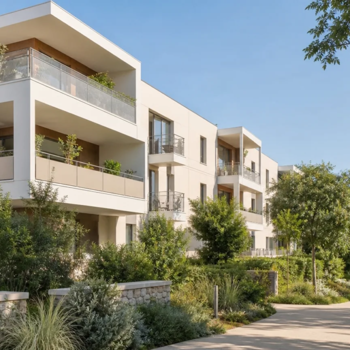 Résidence contemporaine d'appartements neufs dans un environnement résidentiel végétalisé