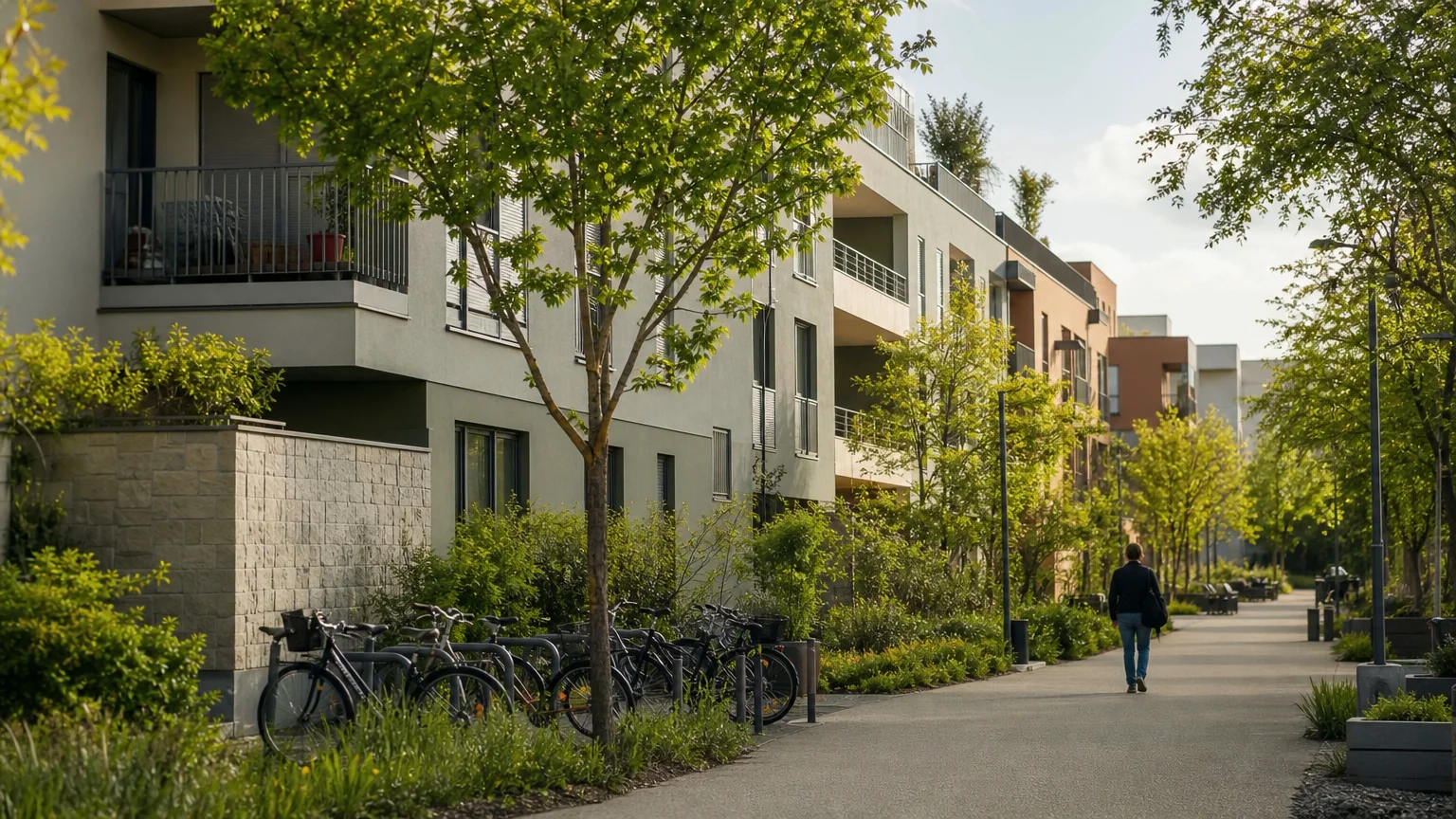 Quartier résidentiel végétalisé autour d'un programme immobilier neuf