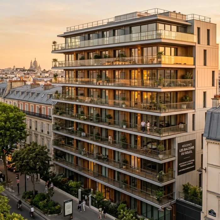 Immeuble neuf moderne à Paris au coucher du soleil avec les toits parisiens