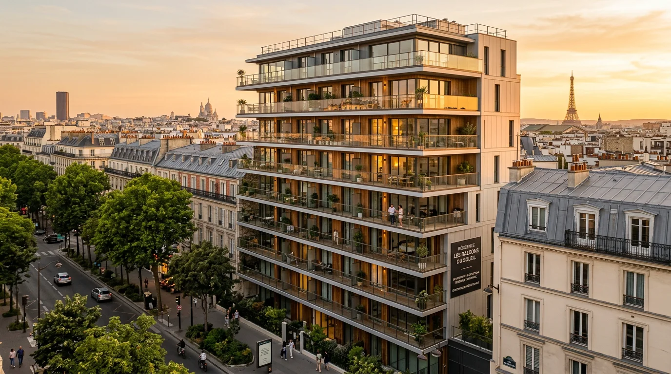 Immeuble neuf moderne à Paris au coucher du soleil avec les toits parisiens