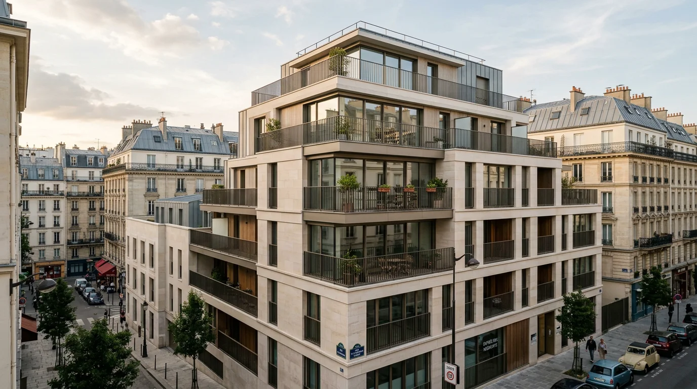 Façade d'un immeuble neuf à Paris entouré de toits haussmanniens