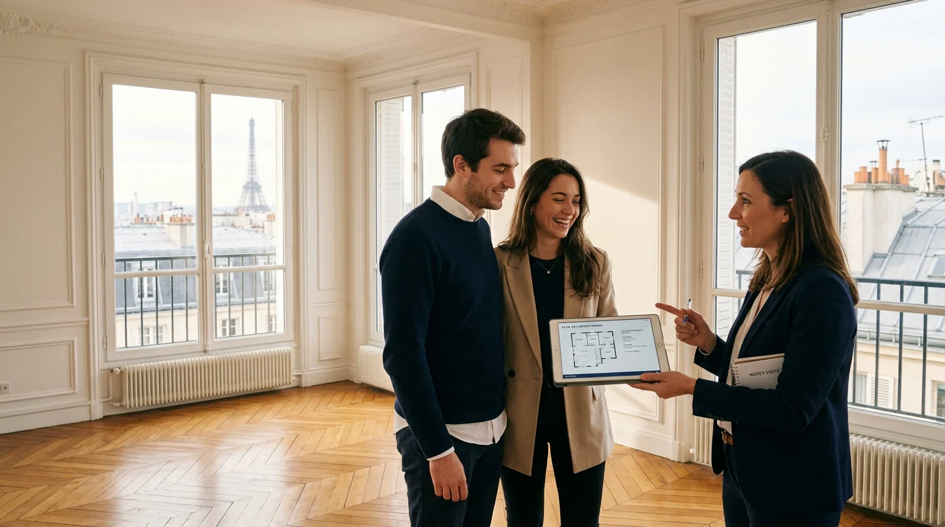 Couple visitant un appartement neuf lumineux à Paris avec un conseiller