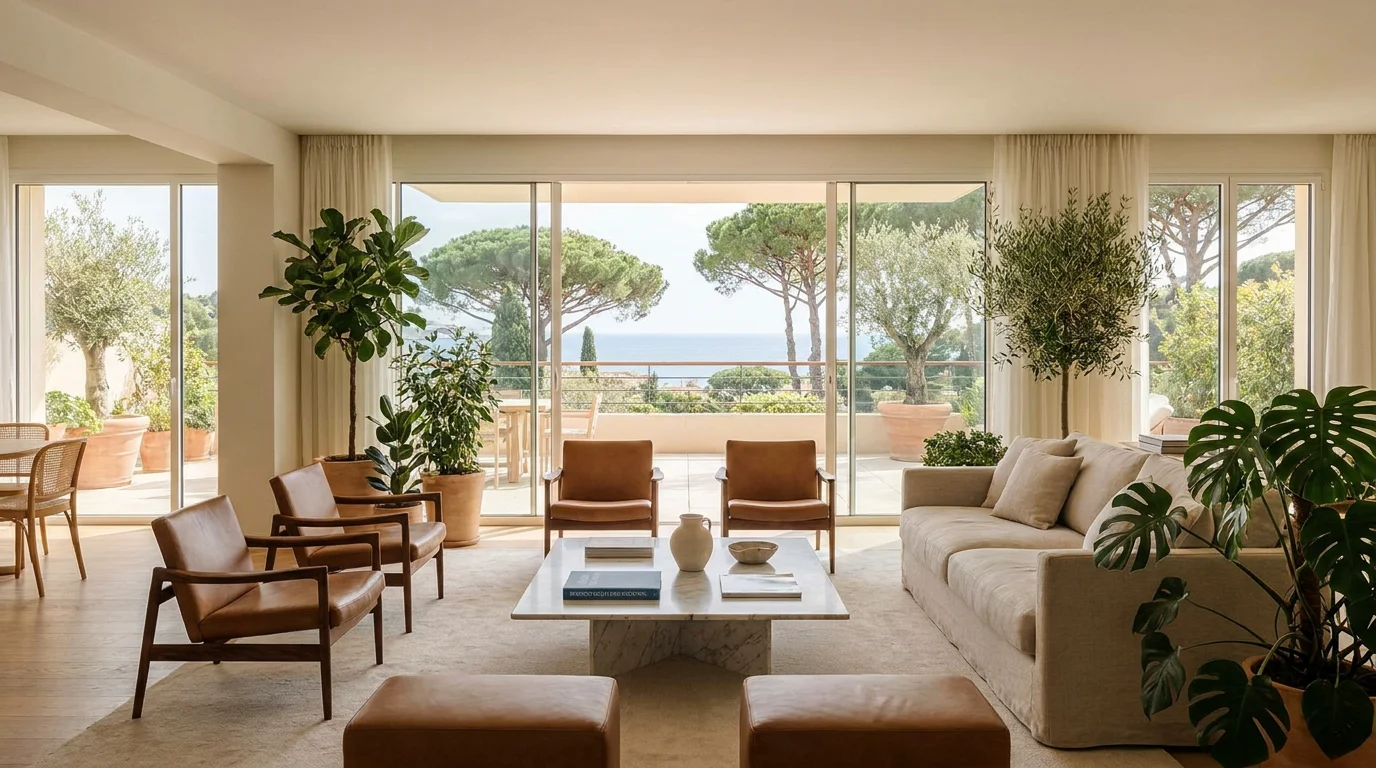 Intérieur lumineux d'un appartement neuf avec terrasse et vue méditerranéenne
