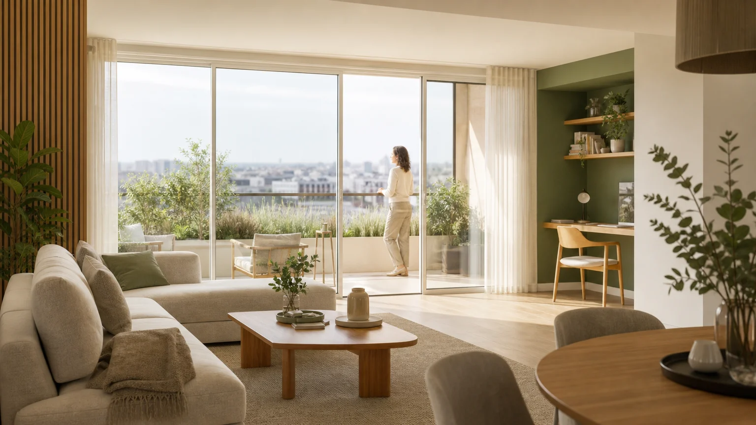 Séjour lumineux avec balcon végétalisé dans un appartement neuf