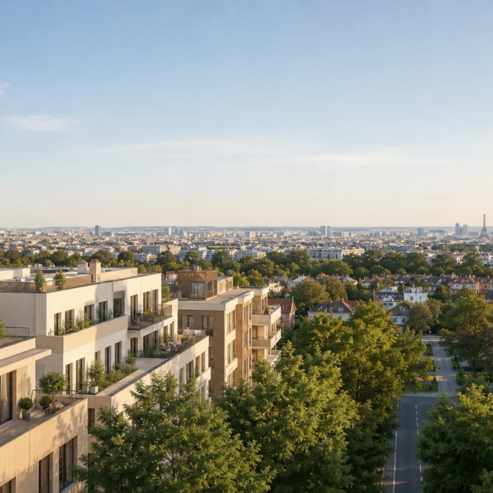 Vue aérienne d’un quartier résidentiel neuf et verdoyant à Clamart